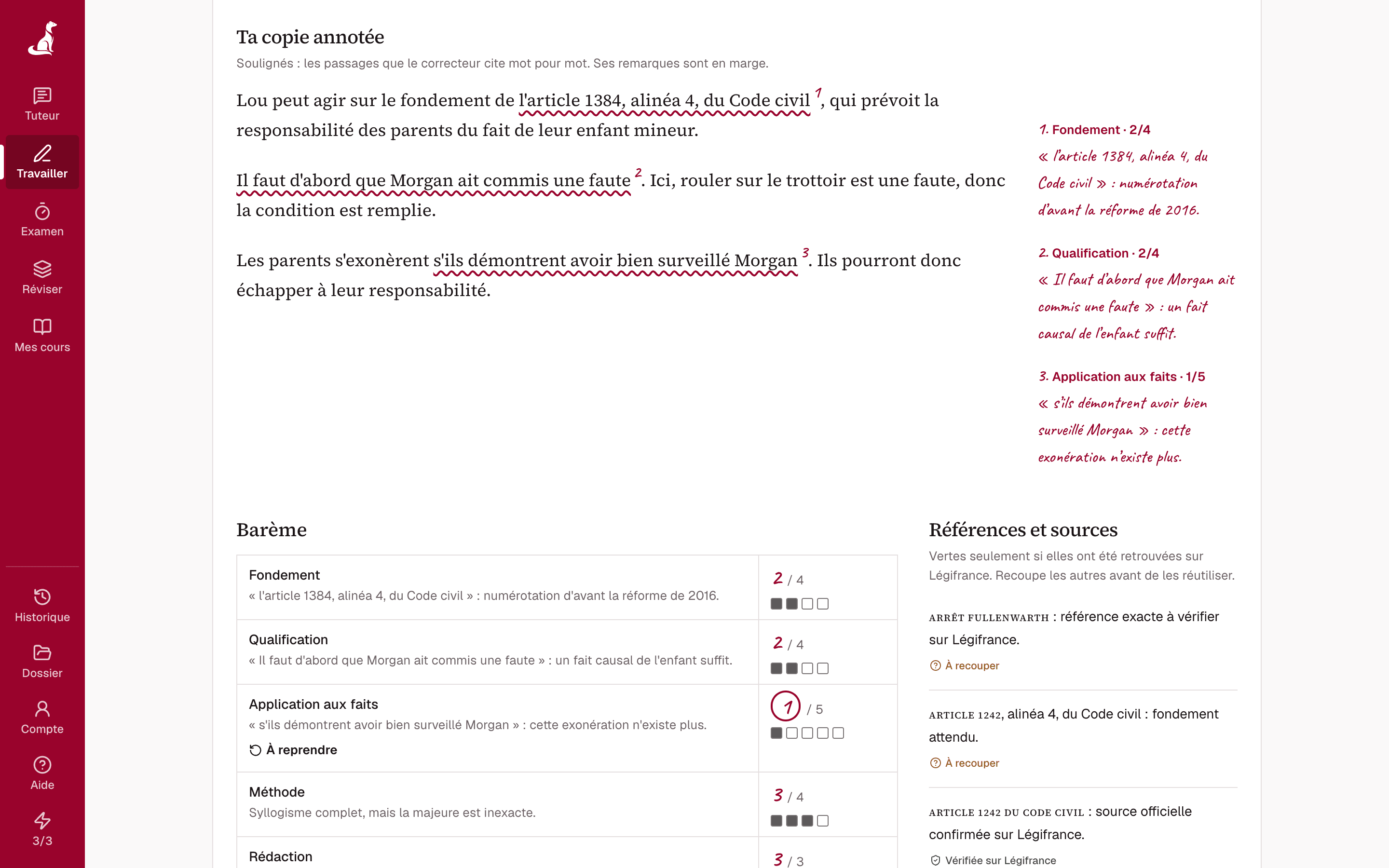 Une copie de cas pratique annotée par Prémisse : passages soulignés, notes de marge et barème