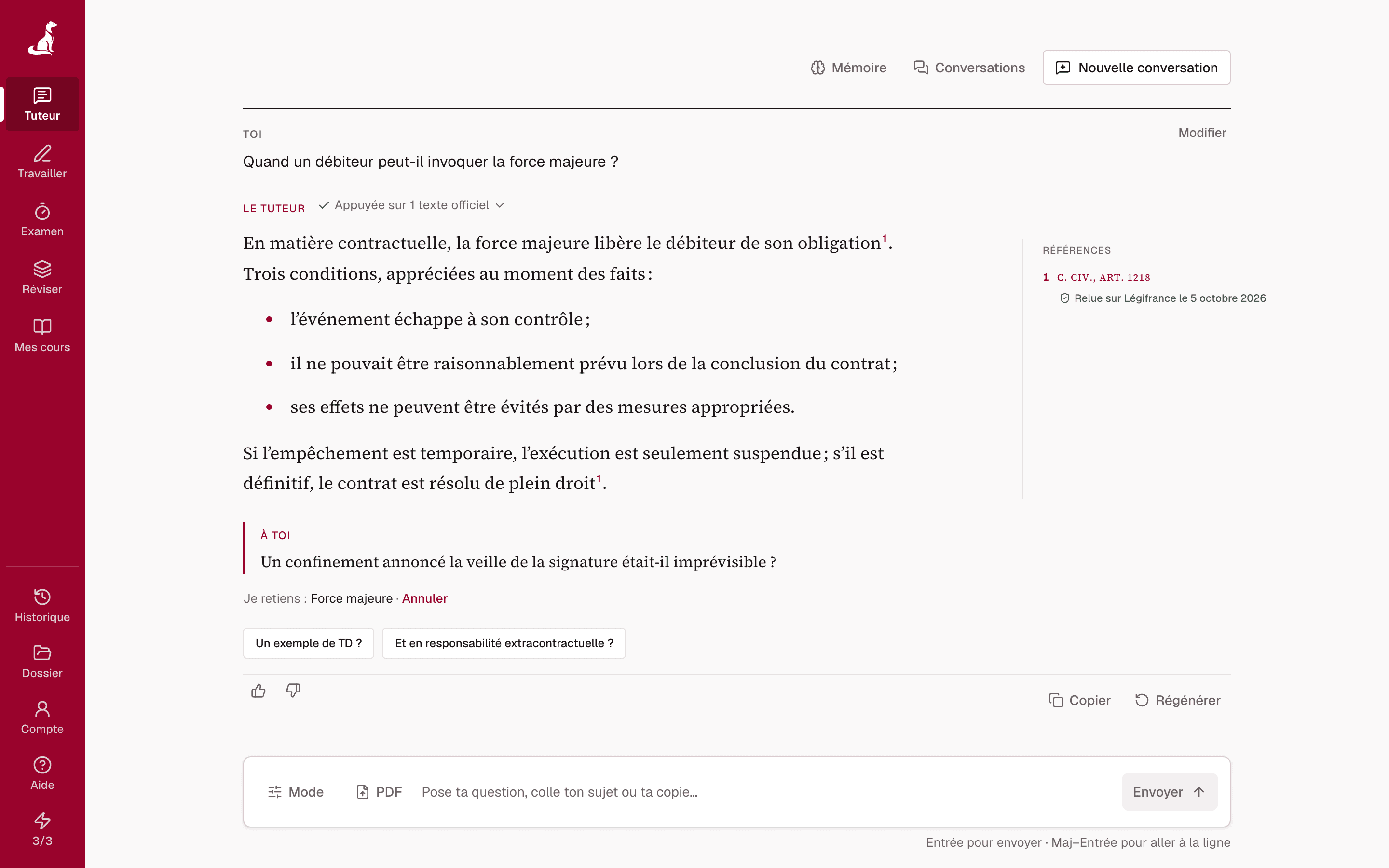 Le tuteur de Prémisse répond à une question de cours sur la force majeure, avec l'article 1218 du Code civil relu sur Légifrance